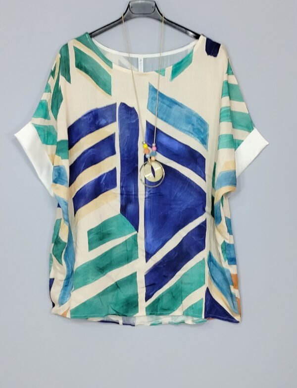 Blusa Estampada – Cuello Caja & Mangas en Contraste