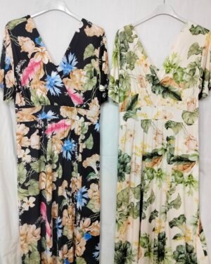 Vestido Floral Largo – Cuello Cruzado & Manga Acampanada