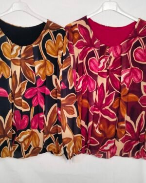 oplus_0 Blusa Gasa Estampada – Forro Viscosa y Detalle Plisado