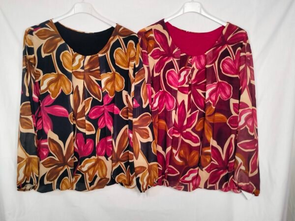 oplus_0 Blusa Gasa Estampada – Forro Viscosa y Detalle Plisado